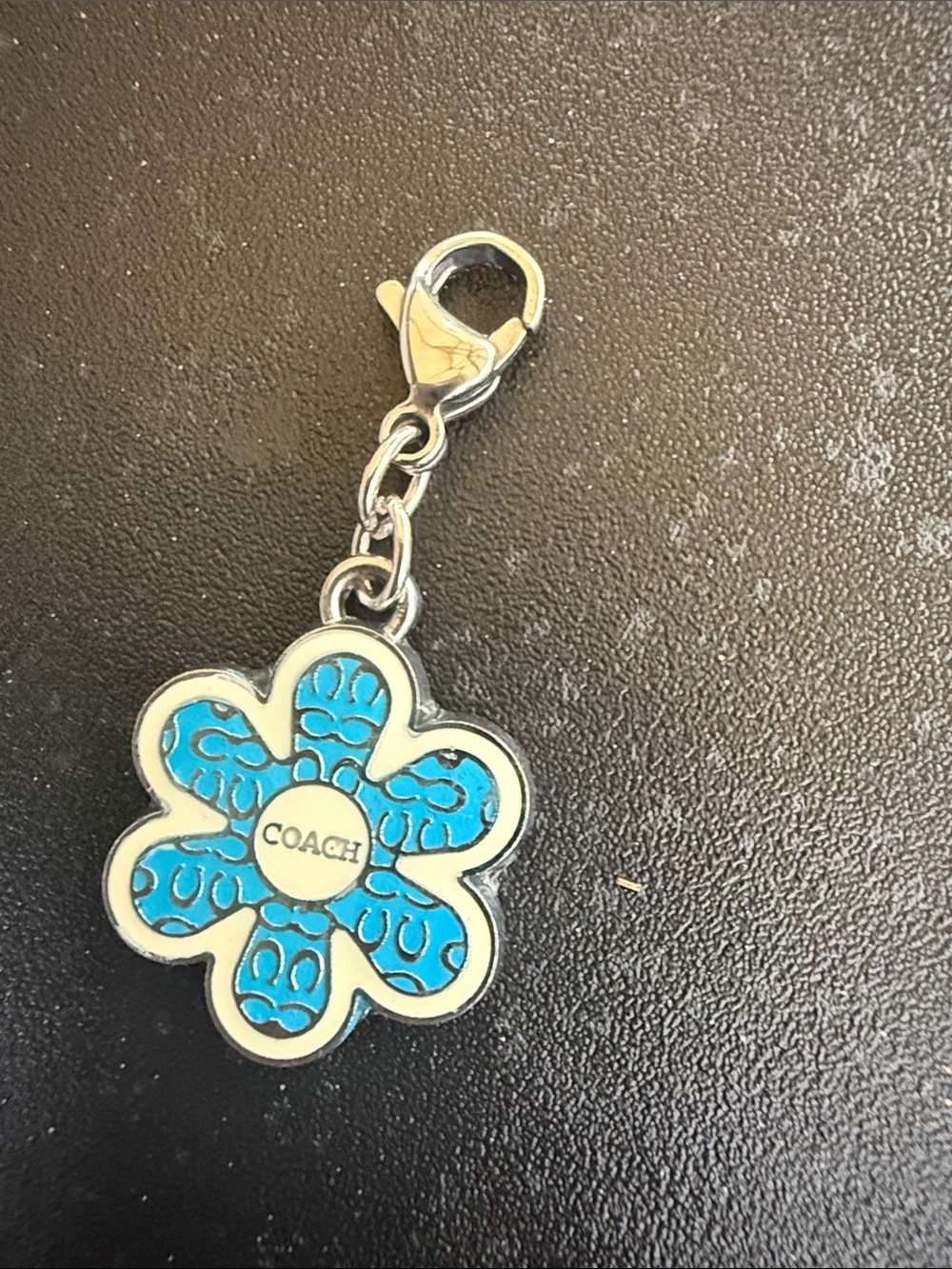 COACH Turquoise Flower Enamel Mini Key Charm with Silver Hardware